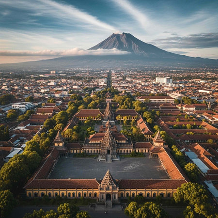 Aerial view of a city with a large mountain in the background and a temple complex in the foregroundの写真素材