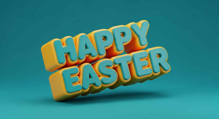 A colorful 3D rendering of Happy Easter text on a teal backgroundの写真素材