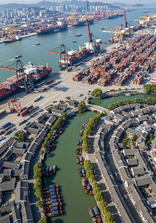 Aerial view of a bustling port city with cargo ships and cranesの写真素材
