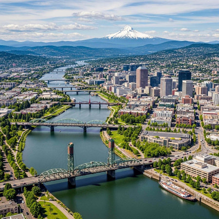 Aerial view of a city with a river and a mountain in the backgroundの写真素材