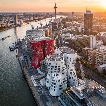 Aerial view of a modern cityscape with unique buildings and a serene sunset backgroundの写真素材