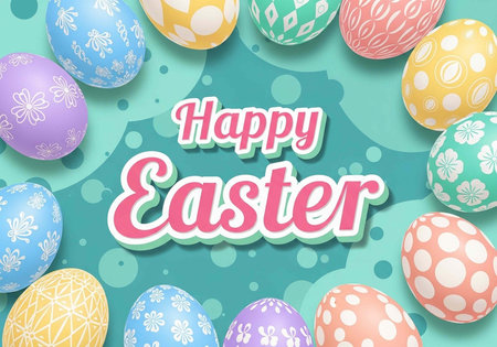 A colorful Easter graphic with decorated eggs and a Happy Easter message