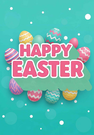 A colorful Easter graphic with decorated eggs and Happy Easter text on a teal background