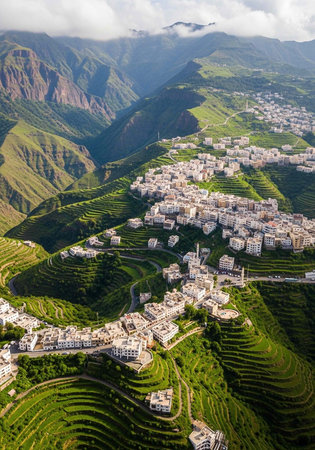 Aerial view of a small town nestled in green mountains with terraced fieldsの写真素材