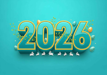 A colorful 3D illustration of the year 2026 with bunnies and decorations