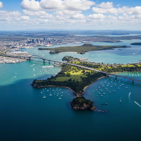 Aerial view of a city with a bridge over water and boats sailing