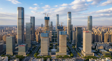 Aerial view of a modern cityscape with sleek skyscrapers and a blue sky