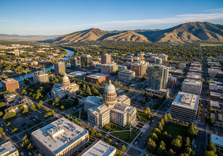 Aerial view of a city with a large capitol building and mountains in the backgroundの写真素材