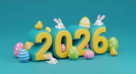 A colorful Easter-themed illustration of the year 2026 with bunnies and eggsの写真素材