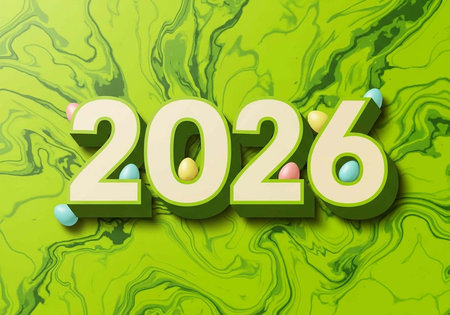 A vibrant green background with the year 2026 in large, bold, cream-colored numbersの写真素材