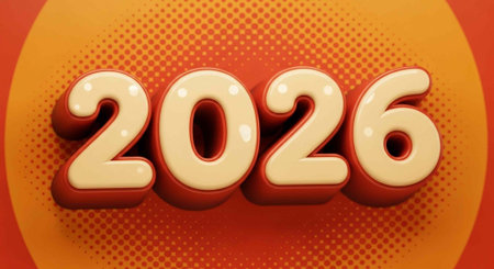 A futuristic illustration of the year 2026 in bold, shiny, golden font on orange background