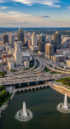 Aerial view of a bustling city with a large park and fountain at sunsetの写真素材