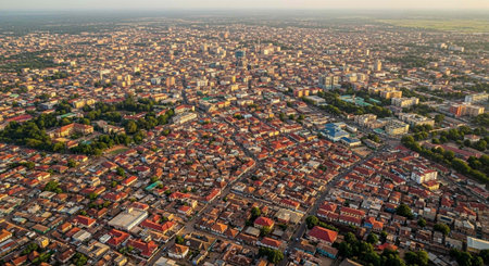Aerial view of a densely populated urban cityscape with vibrant buildings and greeneryの写真素材