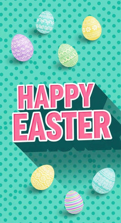 A colorful Easter graphic with eggs and Happy Easter text on a green background