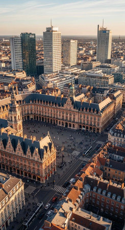 Aerial view of a historic European city square with modern skyscrapers in the backgroundの写真素材