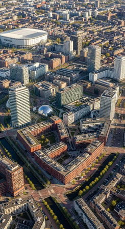 Aerial view of a modern cityscape with high-rise buildings and urban architectureの写真素材