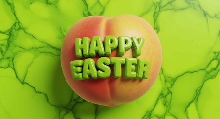 A peach with Happy Easter text on a green marble background for Easter celebrationsの写真素材