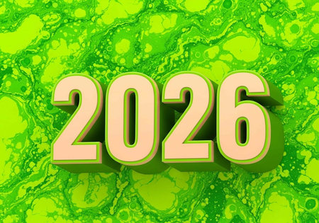 A vibrant green background with the year 2026 in large, bold, peach-colored numbersの写真素材