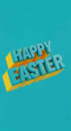 A colorful 3D Happy Easter greeting on a teal background with yellow accents