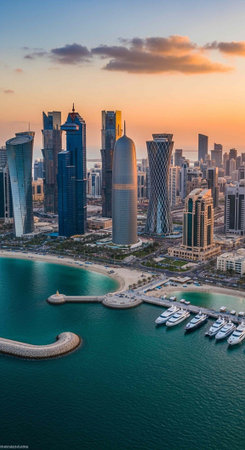 Aerial view of a modern city skyline at sunset with a marina and boatsの写真素材