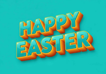A colorful 3D Happy Easter greeting on a teal background for spring celebrationsの写真素材
