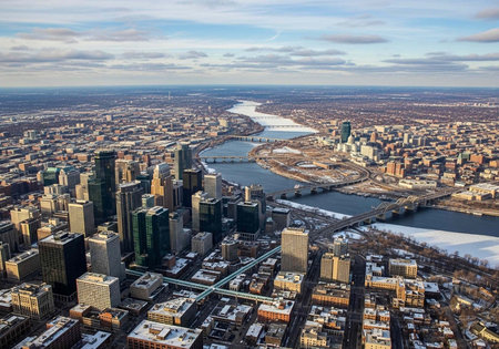 Aerial view of a bustling cityscape with a river running through it under a cloudy sky