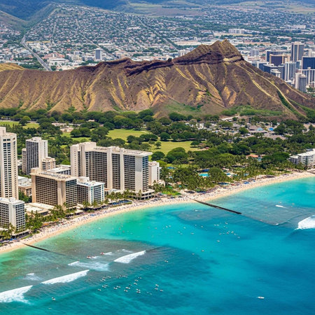 Aerial view of a beautiful beach with high-rise buildings and a mountain in the background
