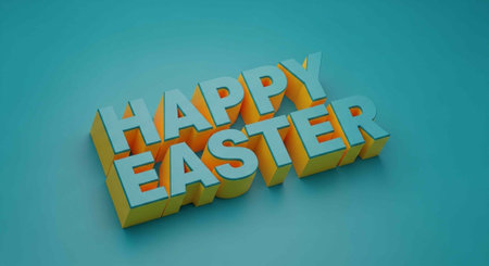 A colorful 3D Happy Easter sign on a teal background for holiday celebrationsの写真素材