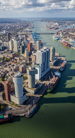 Aerial view of a bustling cityscape with a large body of water and cargo shipsの写真素材