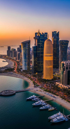 Aerial view of a modern city skyline at sunset with boats in the harborの写真素材