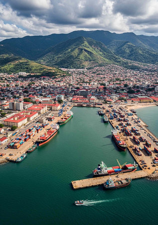 Aerial view of a bustling harbor with boats and buildings near mountainsの写真素材