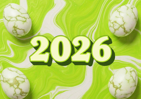 A vibrant green background with white eggs and the year 2026 prominently displayed