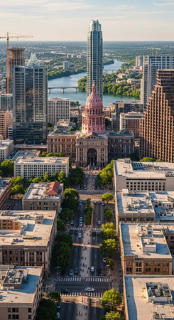 Aerial view of a vibrant cityscape with a prominent government building and river