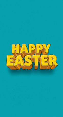 A colorful 3D Happy Easter greeting on a teal background for spring celebrations