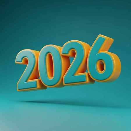 A 3D rendering of the year 2026 in bold, colorful font on a gradient backgroundの写真素材