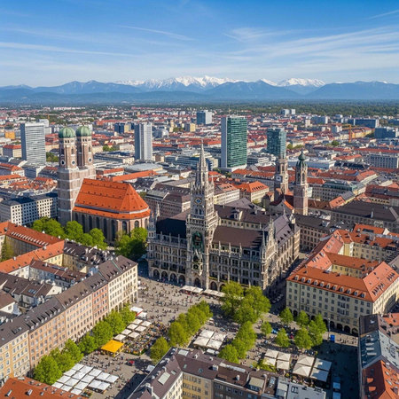 Aerial view of a vibrant European city with historic buildings and snow-capped mountainsの写真素材