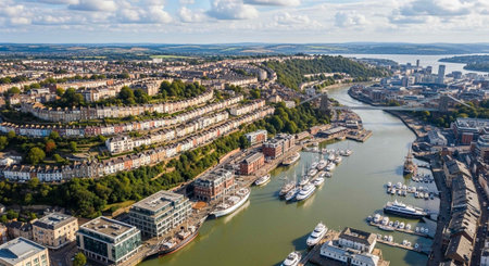 Aerial view of a bustling harbor with boats and buildings in a coastal city