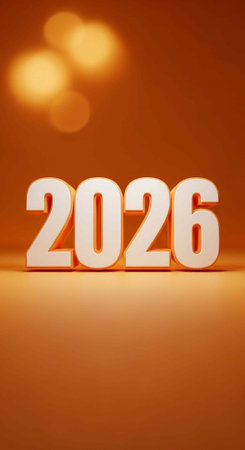 A large white 2026 sign on an orange background with bokeh lights