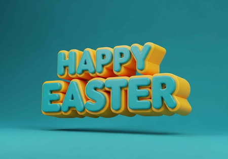 A colorful 3D Happy Easter sign on a teal background for spring celebrations