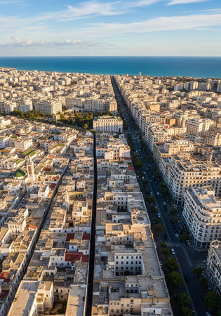 Aerial view of a vibrant coastal city with modern architecture and ocean backdropの写真素材