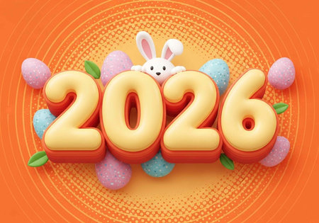 A colorful Easter-themed graphic with the year 2026 and a cute bunny