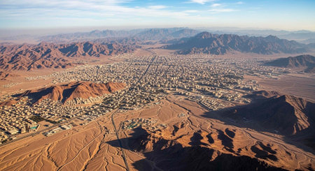 Aerial view of a desert city surrounded by mountains and arid landscapeの写真素材