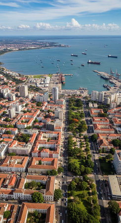 Aerial view of a vibrant coastal city with a bustling harbor and urban landscapeの写真素材