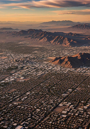 Aerial view of a city with mountains in the background at sunsetの写真素材