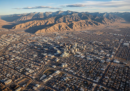 Aerial view of a city with mountains in the background under a blue skyの写真素材