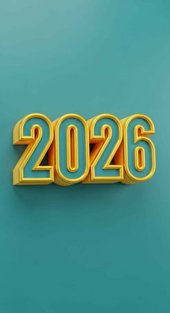 A 3D rendering of the year 2026 in gold and blue on a teal background
