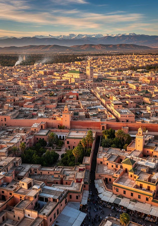Aerial view of a vibrant cityscape with ancient architecture and snow-capped mountains in the backgroundの写真素材