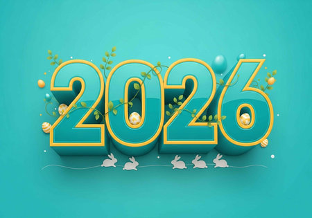 A colorful illustration of the year 2026 with rabbits and flowers on a teal background