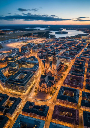 Aerial view of a city at dusk with a river and buildings illuminated
