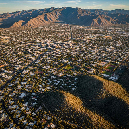 Aerial view of a desert city with mountains in the background at sunset